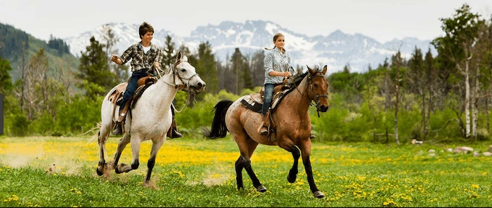 Confident plus-size woman riding Gerrards Cross a horse through a field with a smile on her face.
